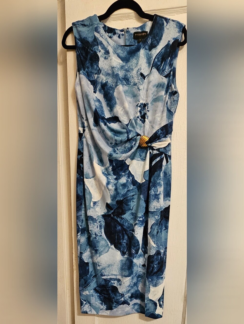 Donna Karan Blue and White Floral Twist-Waist Midi Dress
